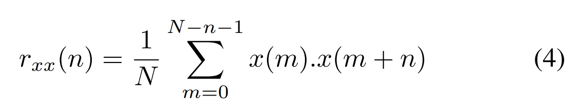 Autocorrelation formula used to detect repeated patterns in PPG-IR data.