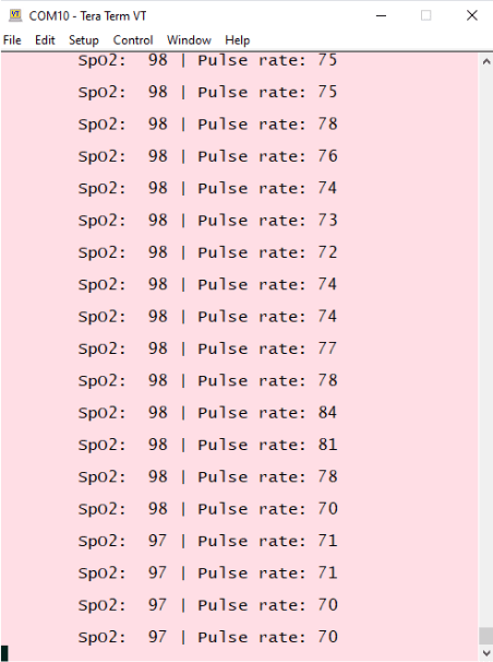 Screenshot of a serial communicator displaying pulse rate and SpO2 data transmission to a PC.